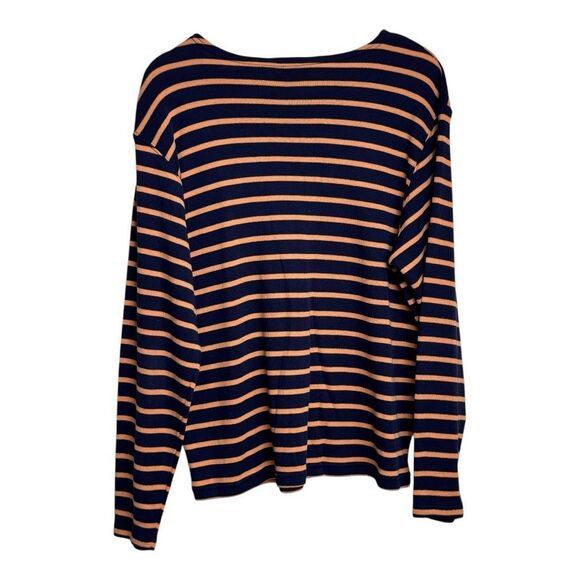 L.L Bean Women Top XL navy Blue Orange Stripe Preppy Nautical Ribbed Cotton Shir - Picture 2 of 6